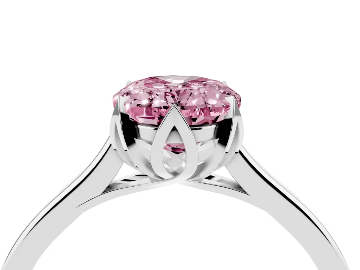 Fancy Pink Oval Cut Diamond Solitaire Ring with Flower Prong Setting and Classic Band Silver