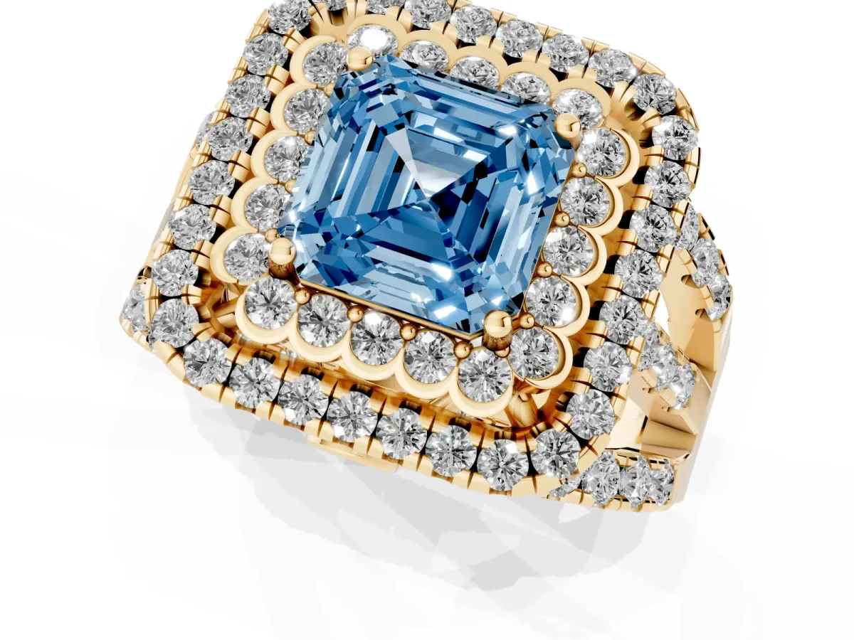 Fancy Blue Asscher Cut Diamond Double Halo Ring with Round Pavé Split Shank and Prong Setting Yellow gold