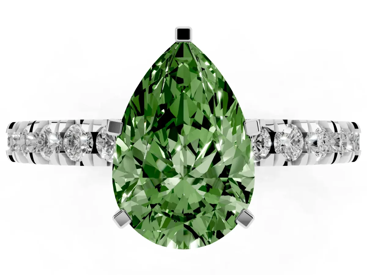 Fancy Green Pear Cut Diamond Pavé Band Solitaire with Four-Prong Setting Silver
