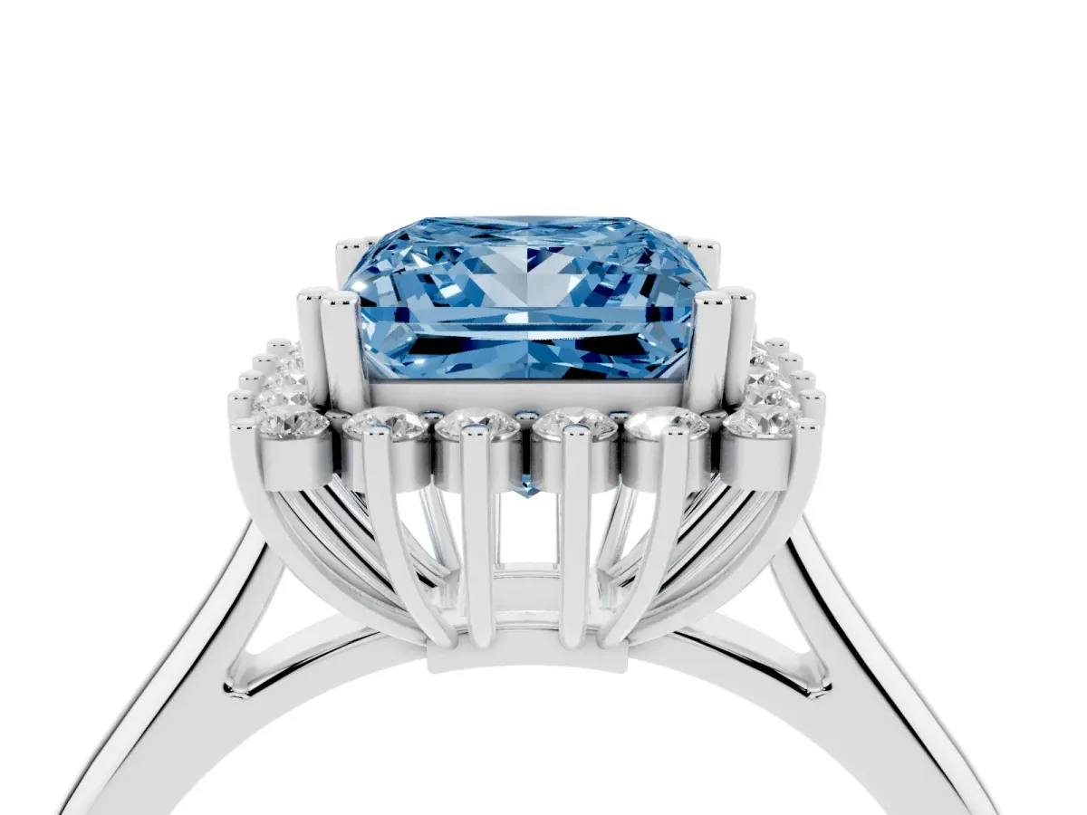 Fancy Blue Princess Cut Cut Diamond Halo Ring with Solitaire Band and Prong Setting White gold