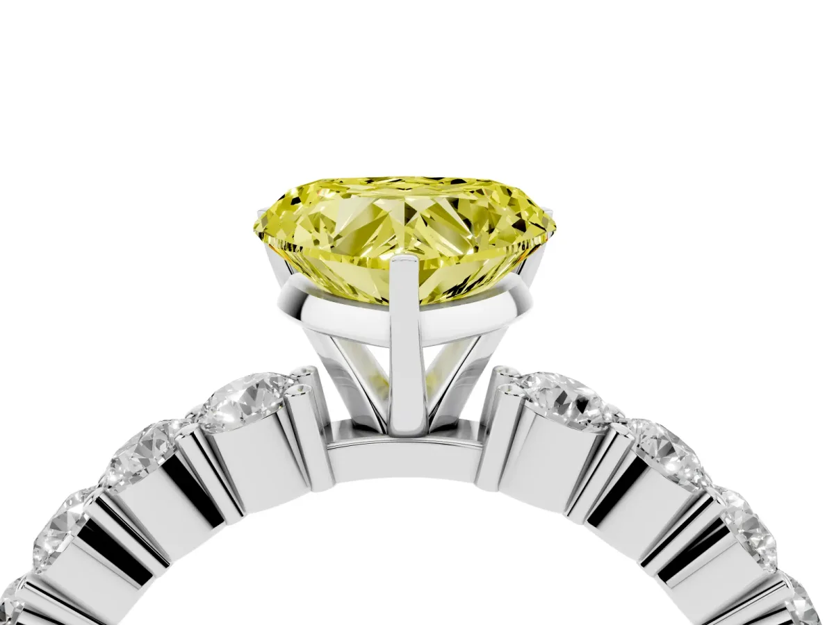 Fancy Yellow Heart Cut Diamond Solitaire Ring with Shared Prong Round Side Stones Silver