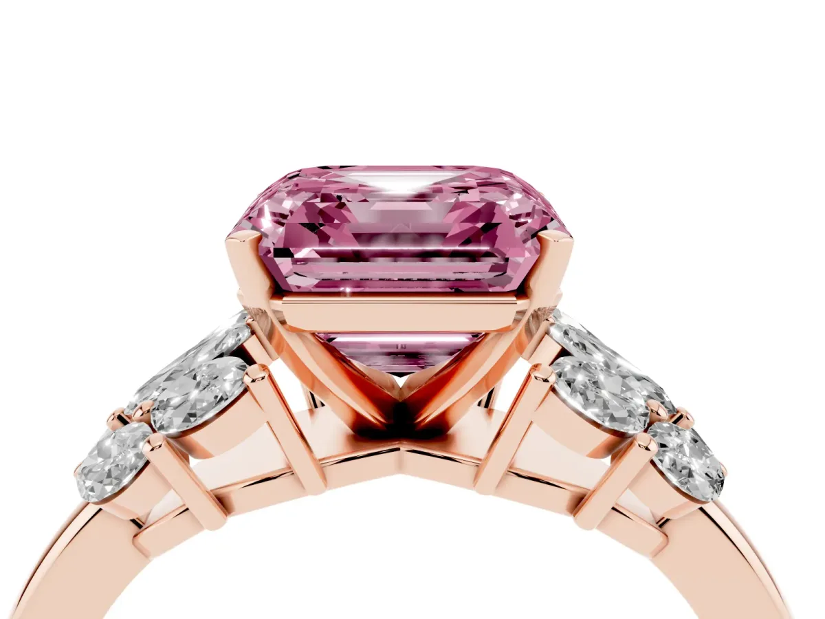 Fancy Pink Asscher Cut Diamond Cluster Leaf Design Ring with Prong Setting Rose gold
