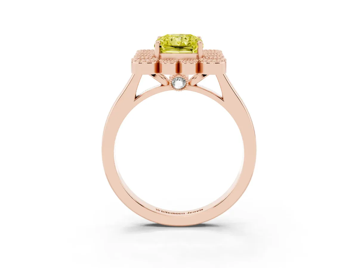 Fancy Yellow Radiant Cut Halo Diamond Cluster Engagement Ring with Milgrain Bezel Setting and Solitaire Band Rose gold