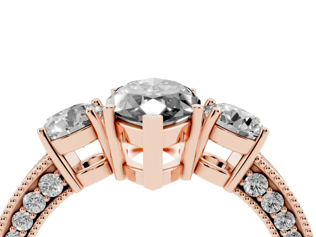 Fancy Black Marquise Cut Three-Stone Diamond Ring with Pavé Band and Four-Prong Setting Rose gold