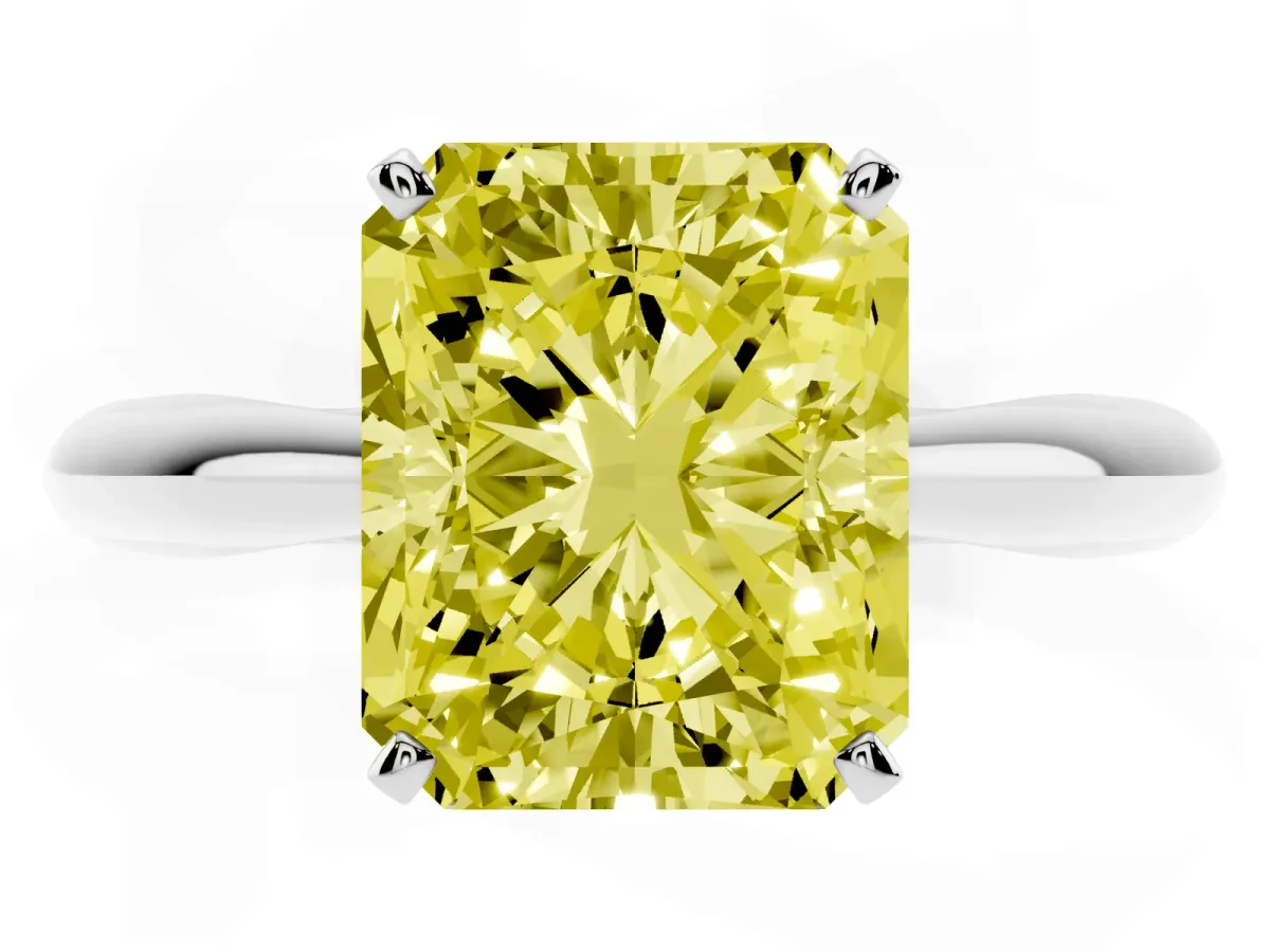 Fancy Yellow Radiant Cut Diamond Solitaire Engagement Ring with Cathedral Setting and Four-Prong Mount Silver