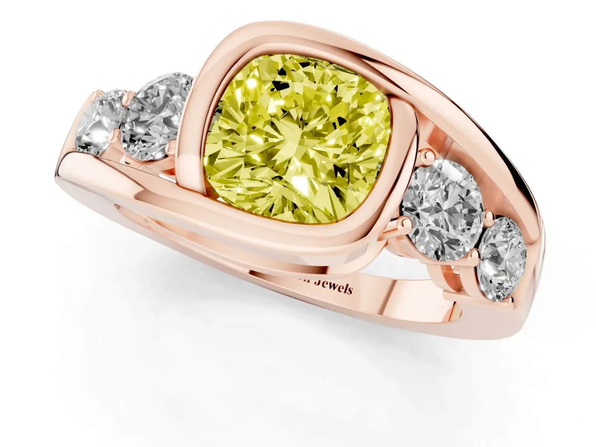 Fancy Yellow Bezel Set Cushion Cut Diamond Bypass Ring with Round Accents Rose gold