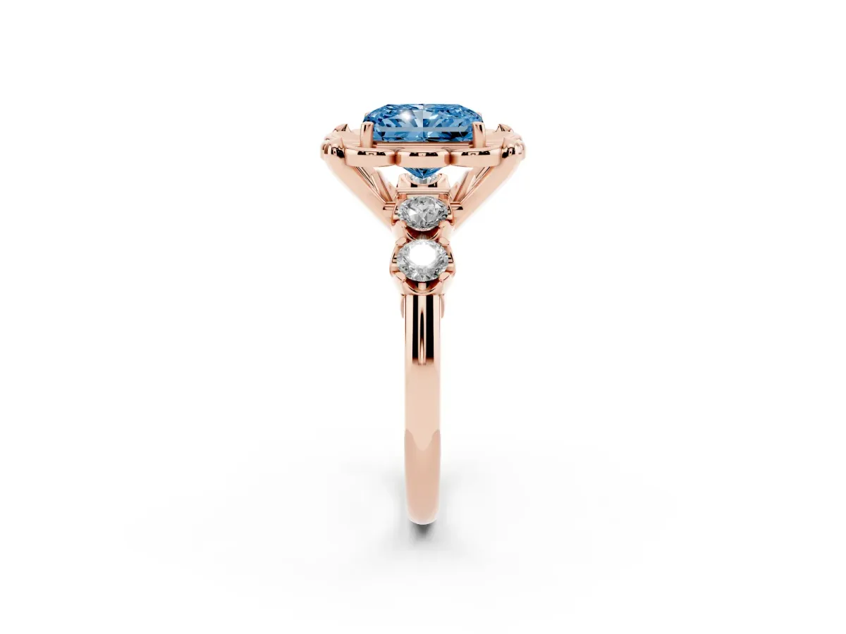 Fancy Blue Radiant Cut Cut Diamond Floral Halo Engagement Ring with Shared Prong Setting Rose gold