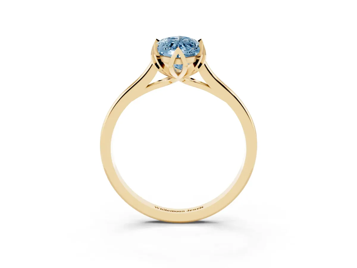 Fancy Blue Marquise Cut Diamond Solitaire Ring with Flower Prong Setting and Classic Band Yellow gold