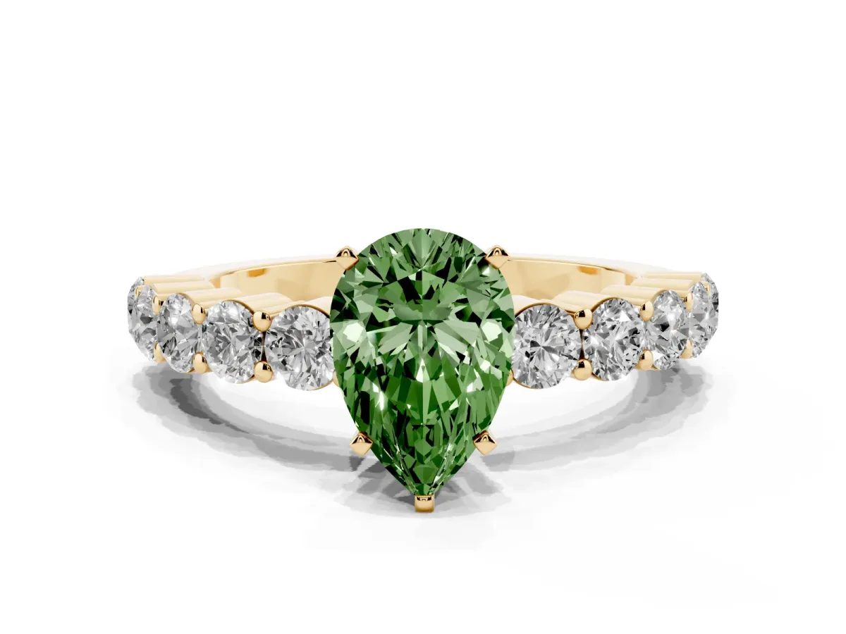 Fancy Green Pear Cut Diamond Solitaire Ring with Shared Prong Round Side Stones Yellow gold