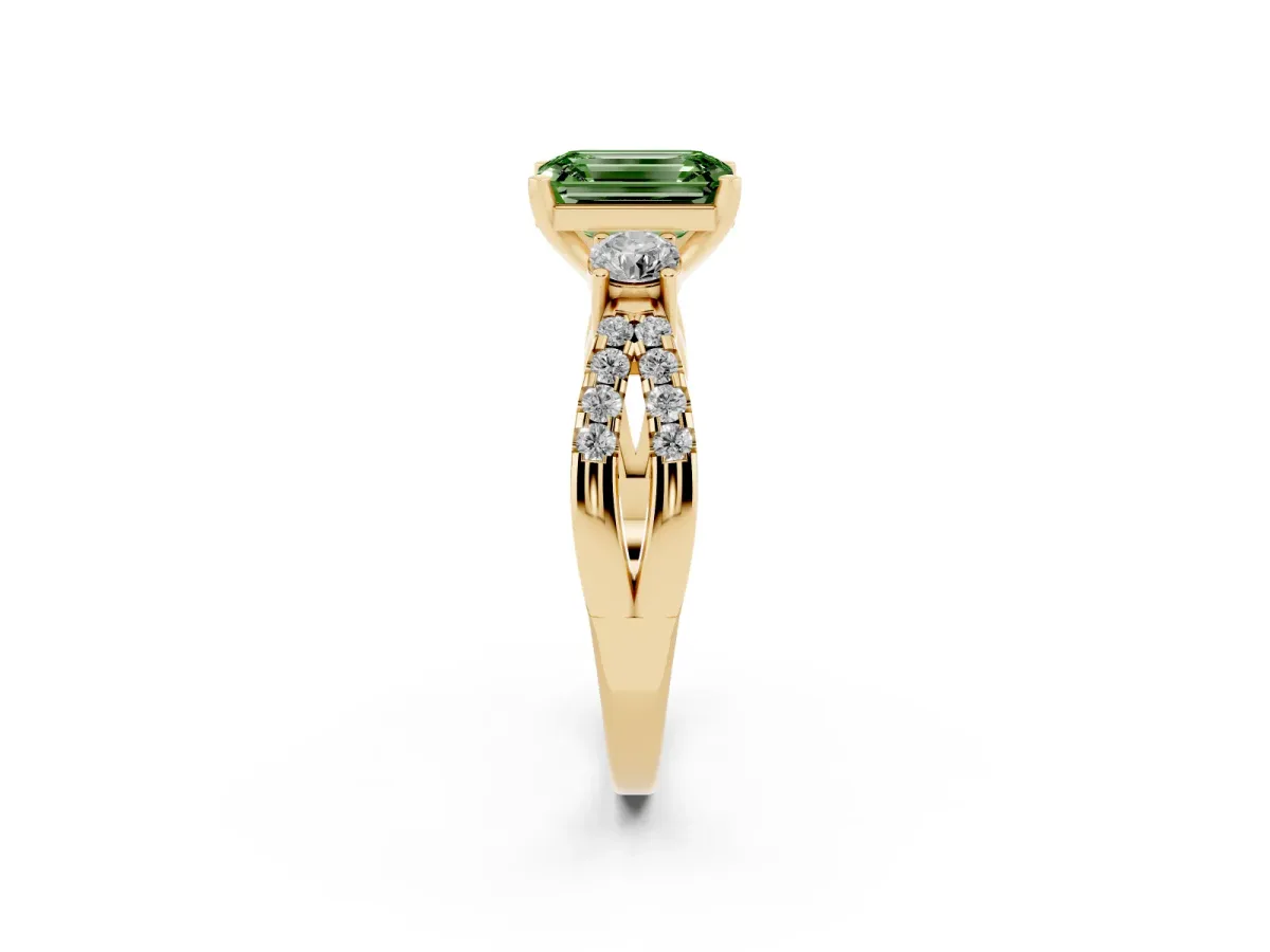 Fancy Green Emerald Cut Diamond Three-Stone Ring with Pavé Split Shank and Four-Prong Setting Yellow gold