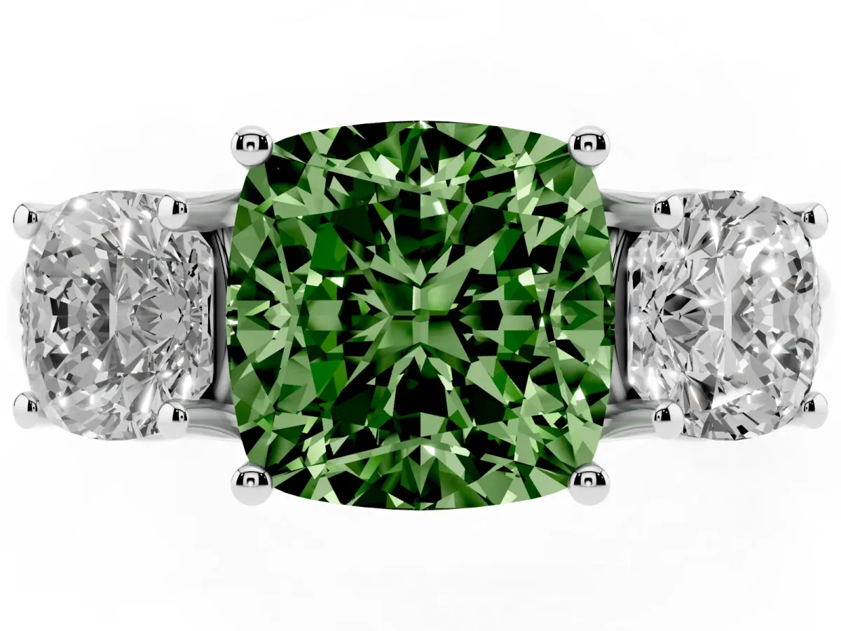 Fancy Green Three-Stone Cushion Cut Diamond Engagement Ring with Prong Setting White gold