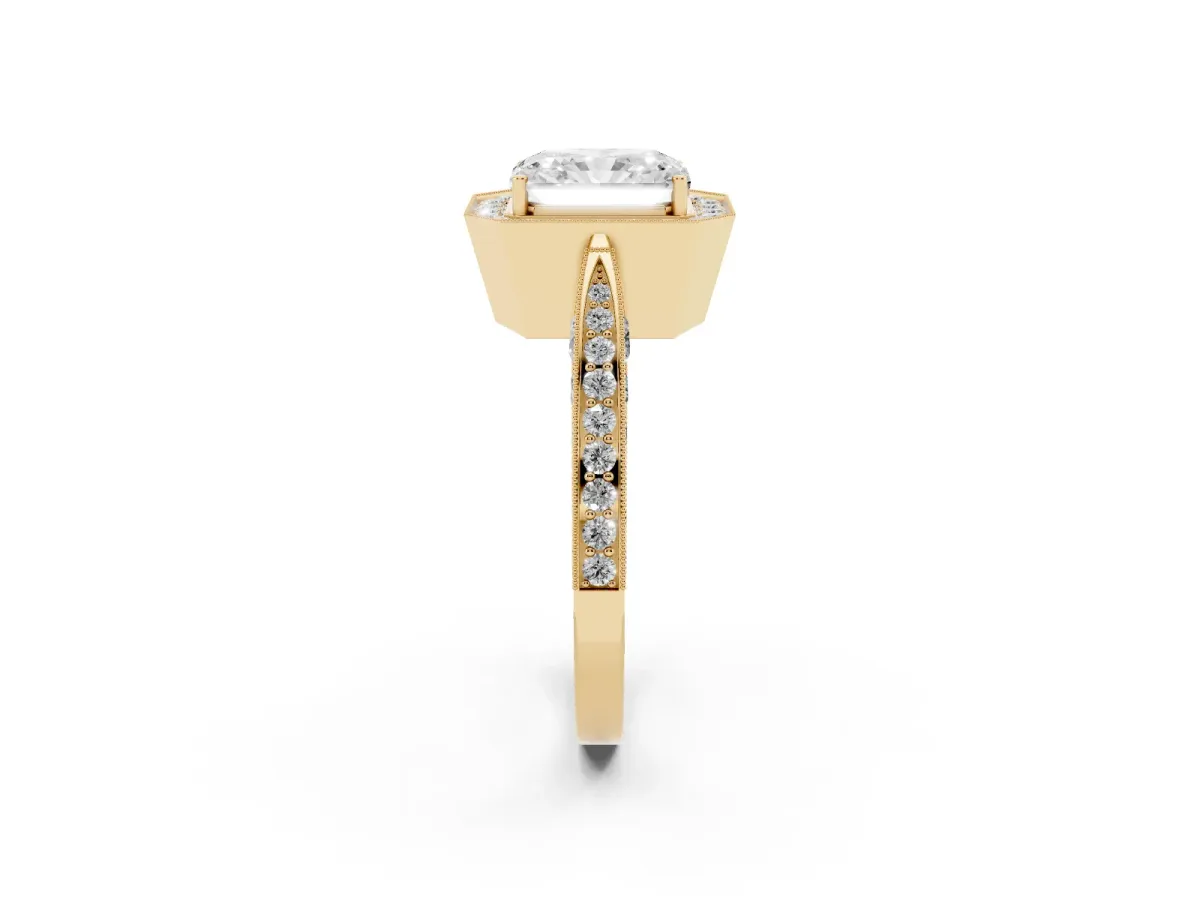 Radiant Cut Halo Diamond Engagement Ring with Split Shank Band and Four-Prong Setting Yellow gold