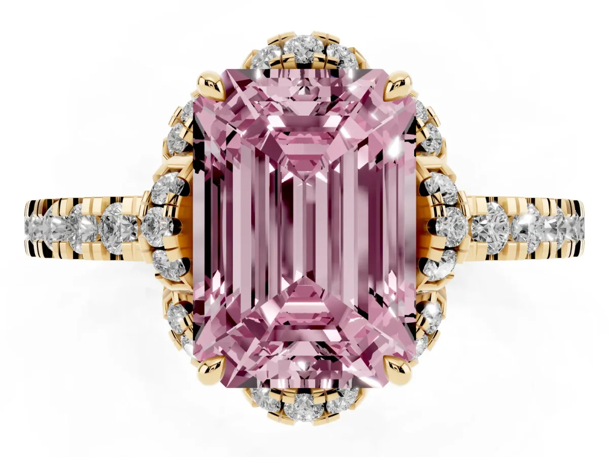 Fancy Pink Emerald Cut Diamond Halo Pave Band with Four-Prong Setting Yellow gold