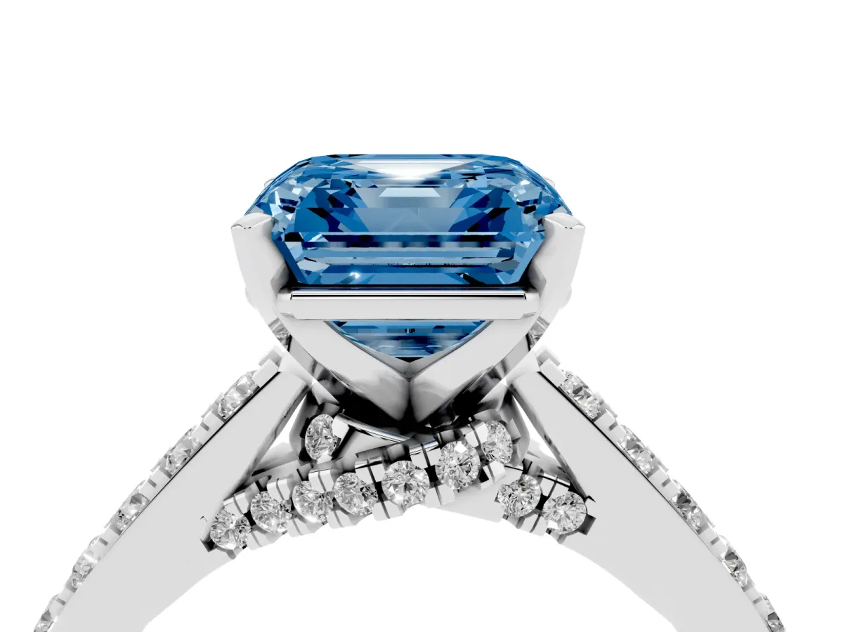 Fancy Blue Asscher Cut Diamond Solitaire Ring with Crossover Gallery and Round Pavé Band Platinum