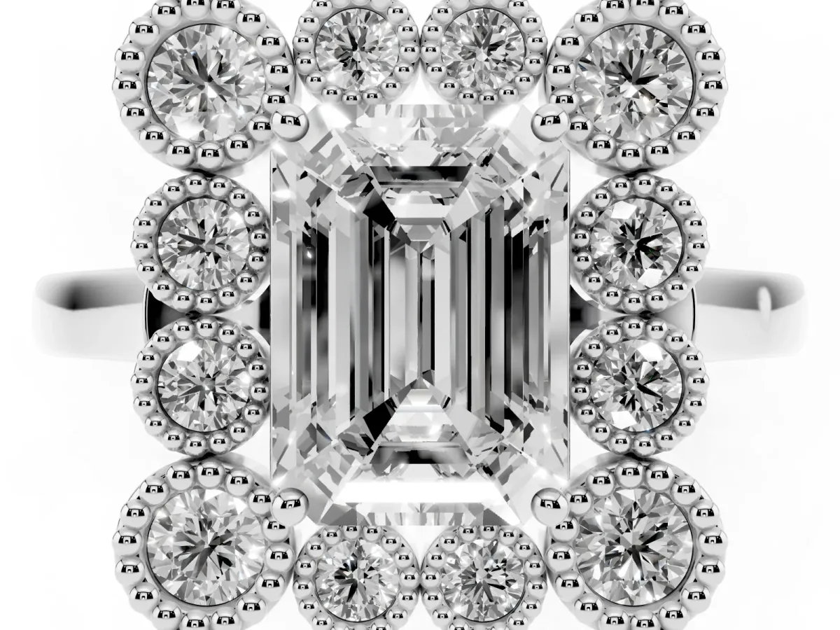 Emerald Cut Halo Diamond Cluster Engagement Ring with Milgrain Bezel Setting and Solitaire Band Platinum