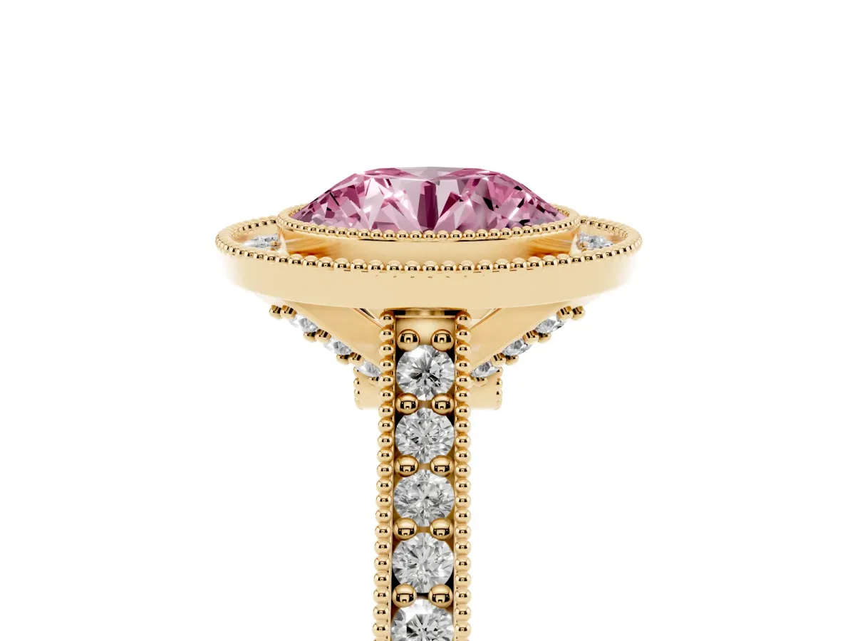 Fancy Pink Halo Round Cut-Cut Diamond Pave Band Milgrain Prong Setting Ring Yellow gold