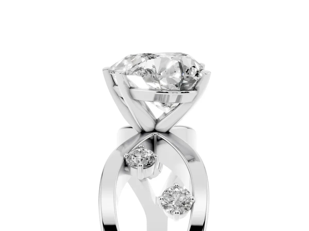 Heart Cut Cut Solitaire Diamond with Side Stones on Criss-Cross Band and Four-Prong Setting Silver