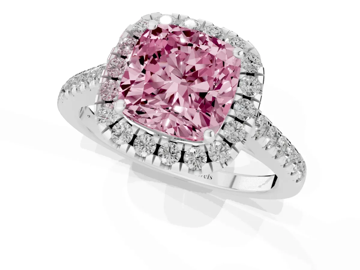 Fancy Pink Cushion Cut Halo Pavé Diamond Engagement Ring with Four-Prong Setting Silver