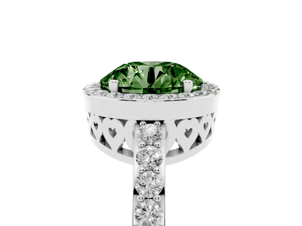 Fancy Green Round Cut Halo Diamond Pavé Band Ring with Prong Setting Silver