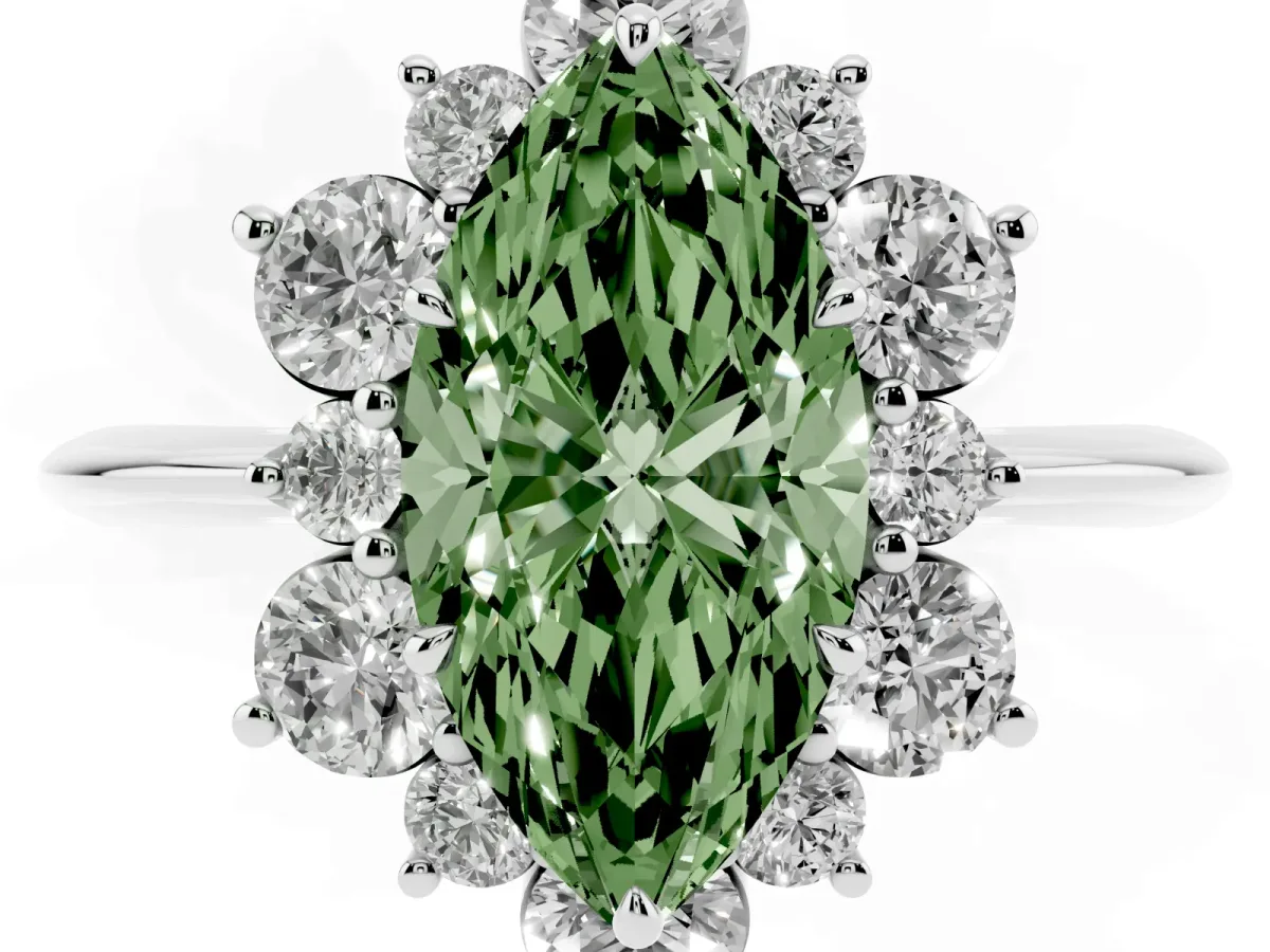 Fancy Green Marquise Cut Diamond Cluster Halo Ring with Solitaire Band and Four-Prong Setting Platinum