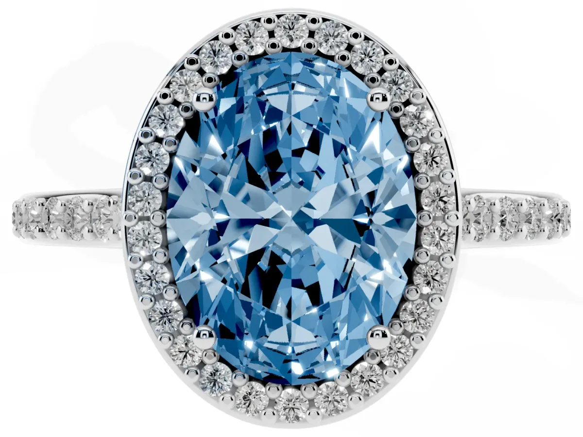 Fancy Blue Oval Cut Diamond Halo Engagement Ring with Round Pavé Shoulders and Prong Setting Platinum