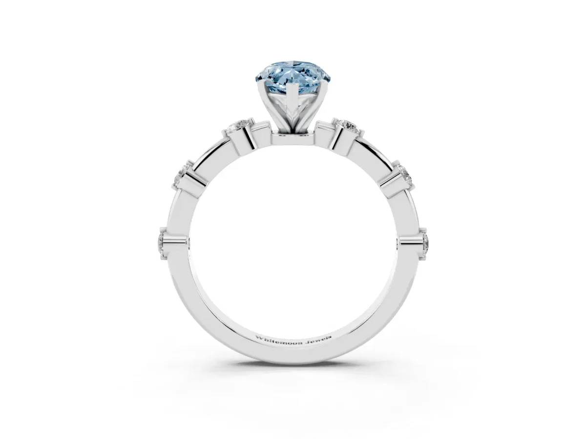 Fancy Blue Marquise Cut Solitaire Diamond Ring with Bezel Set Side Stones and Prong Setting Silver