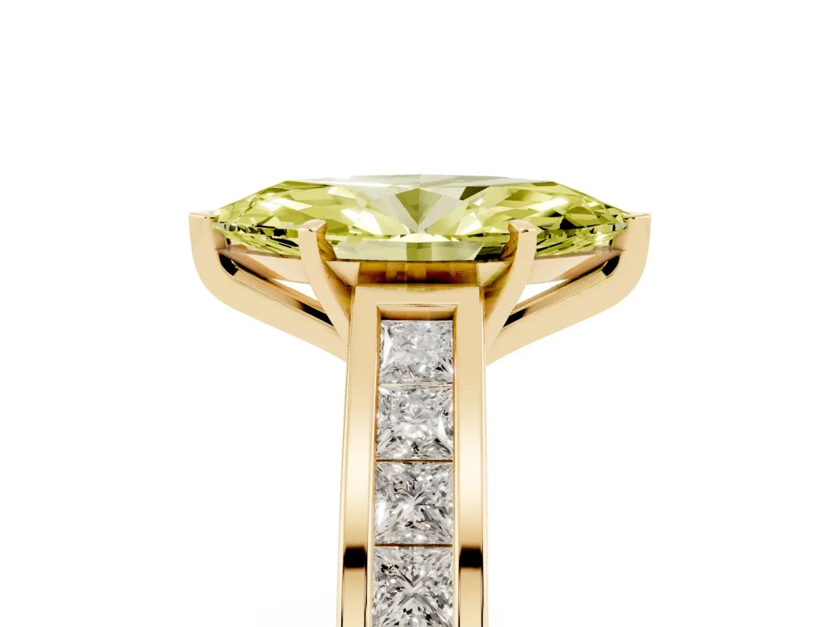 Fancy Yellow Marquise Cut Solitaire Diamond Ring with Channel-Set Band and Four-Prong Setting Yellow gold