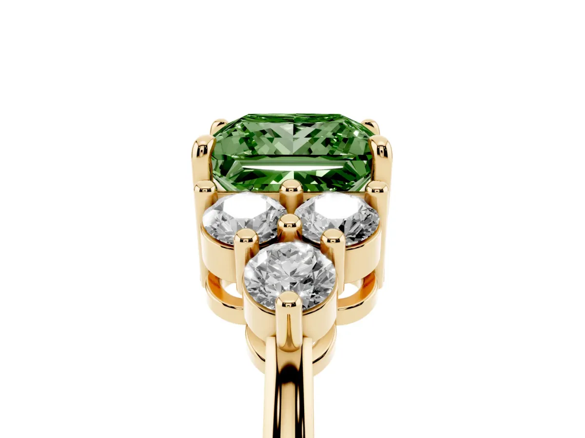 Fancy Green Princess Cut Brilliant Diamond Cluster Accent Solitaire Ring with Prong Setting Yellow gold