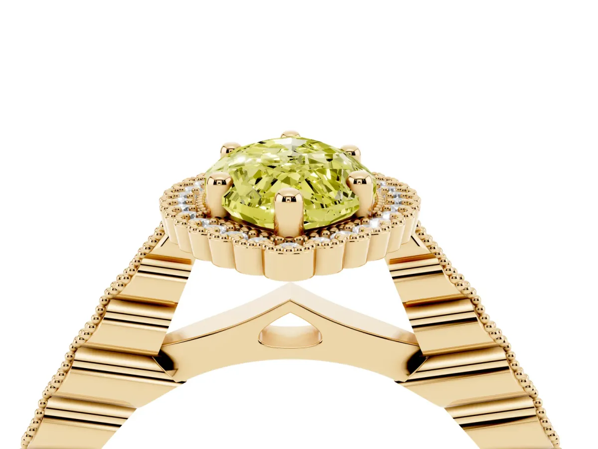 Fancy Yellow Marquise Cut Cut Halo Pavé Solitaire Ring with Milgrain Band Yellow gold