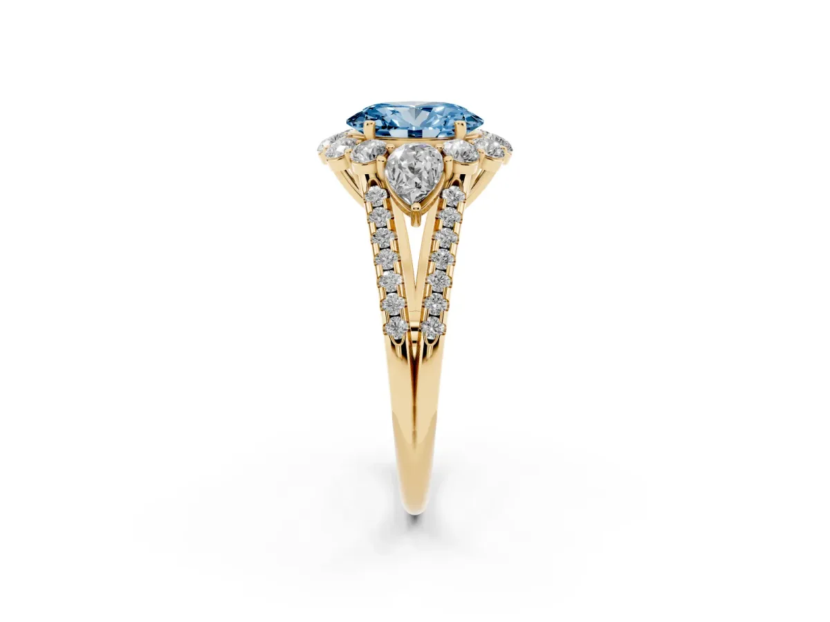 Fancy Blue Oval Cut Halo Split Shank Diamond Engagement Ring with Prong Setting Yellow gold