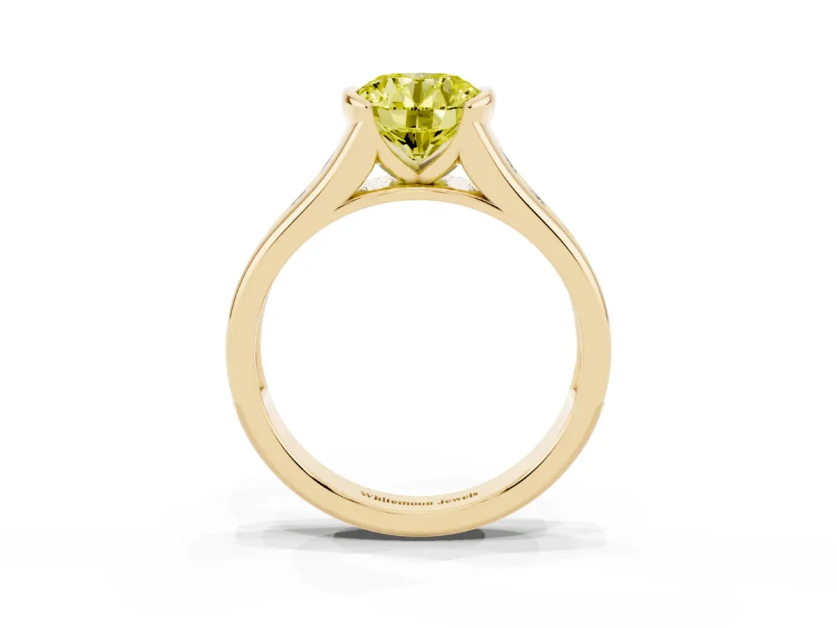 Fancy Yellow Round Cut Solitaire Bezel-Set Diamond Ring with Channel-Set Band Yellow gold