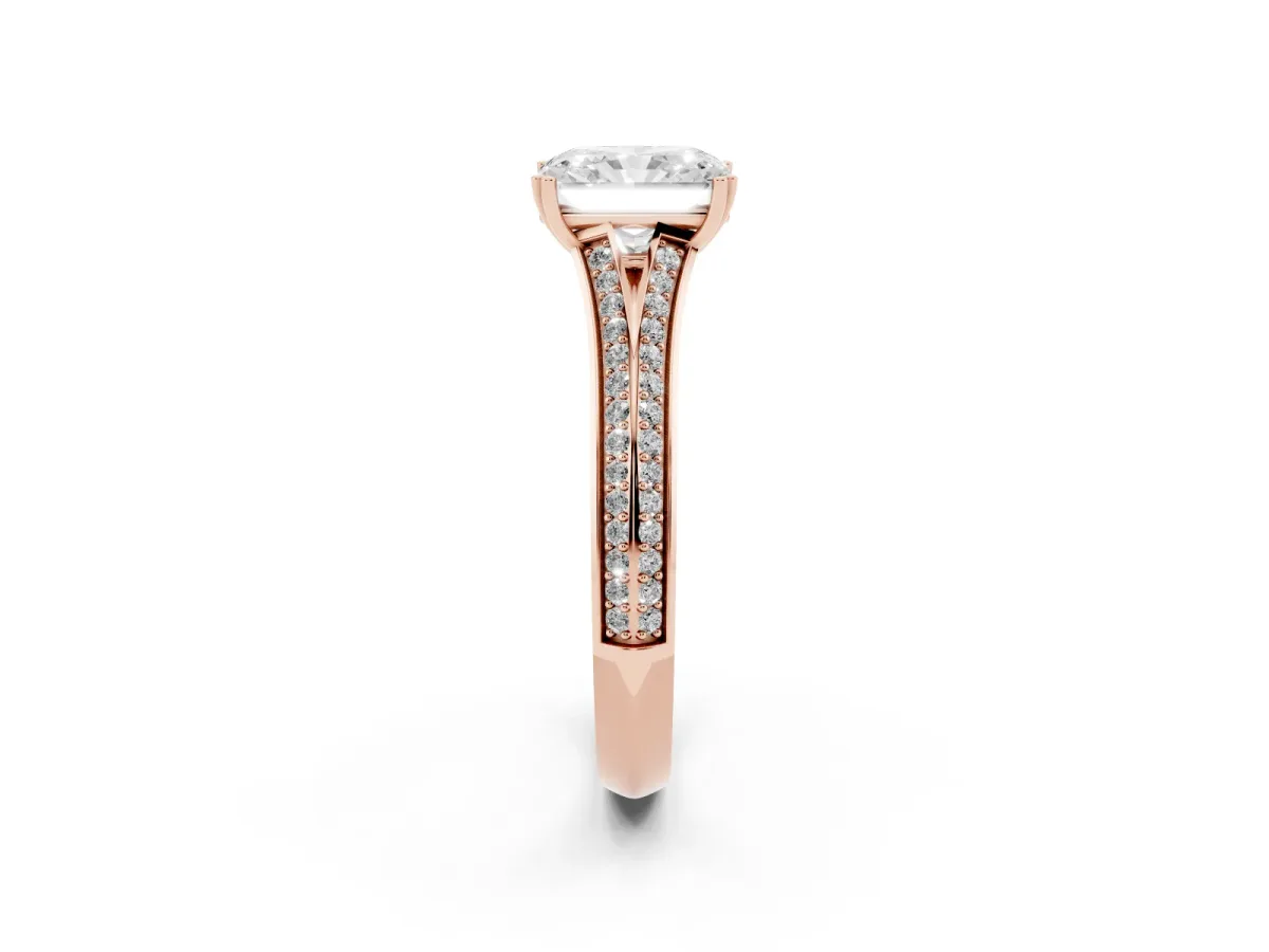 Radiant Cut Diamond Split Shank Engagement Ring with Pavé Band Rose gold