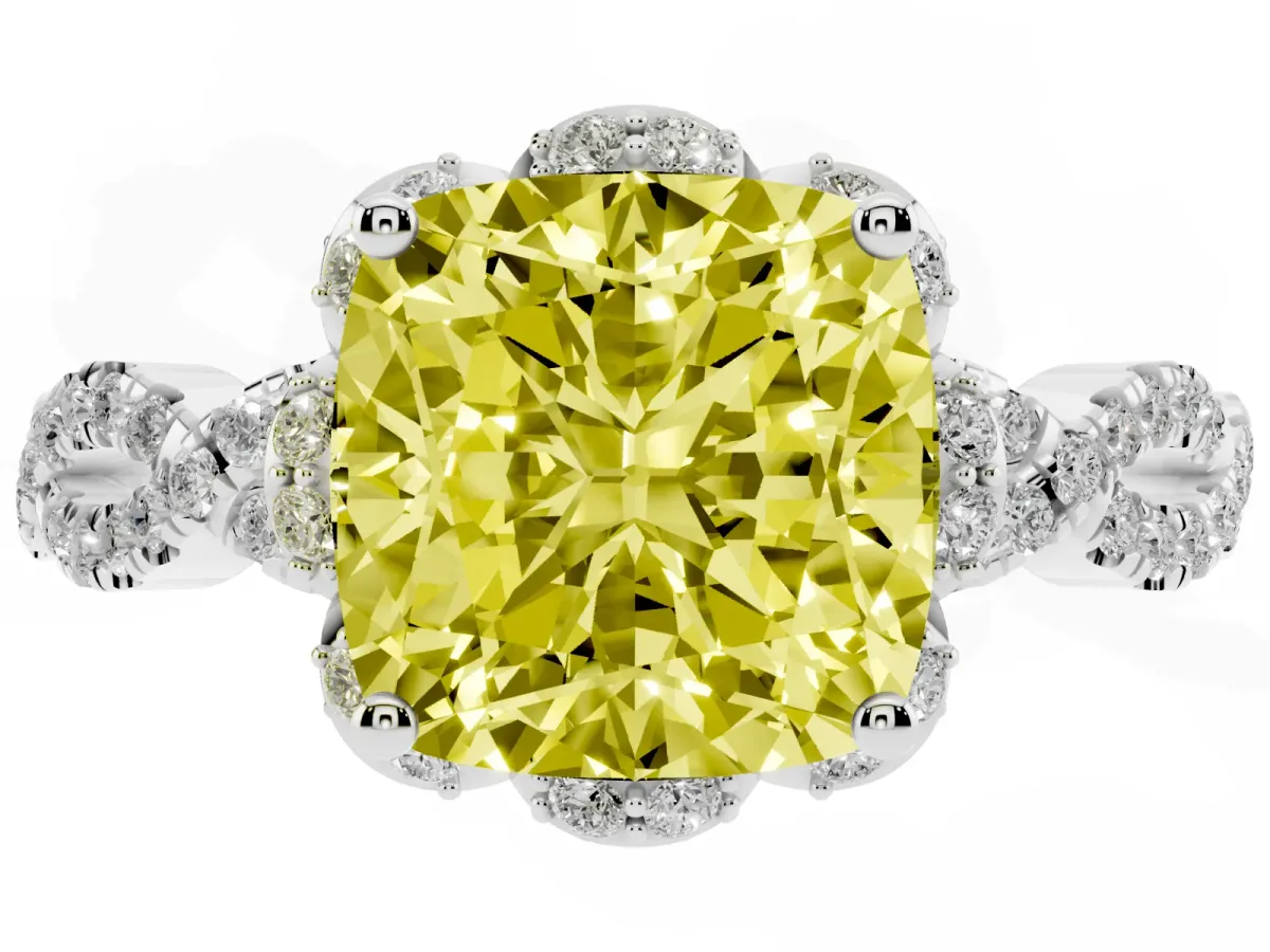 Fancy Yellow Cushion Cut Halo Twist Band Solitaire Ring with Six-Prong Setting Silver