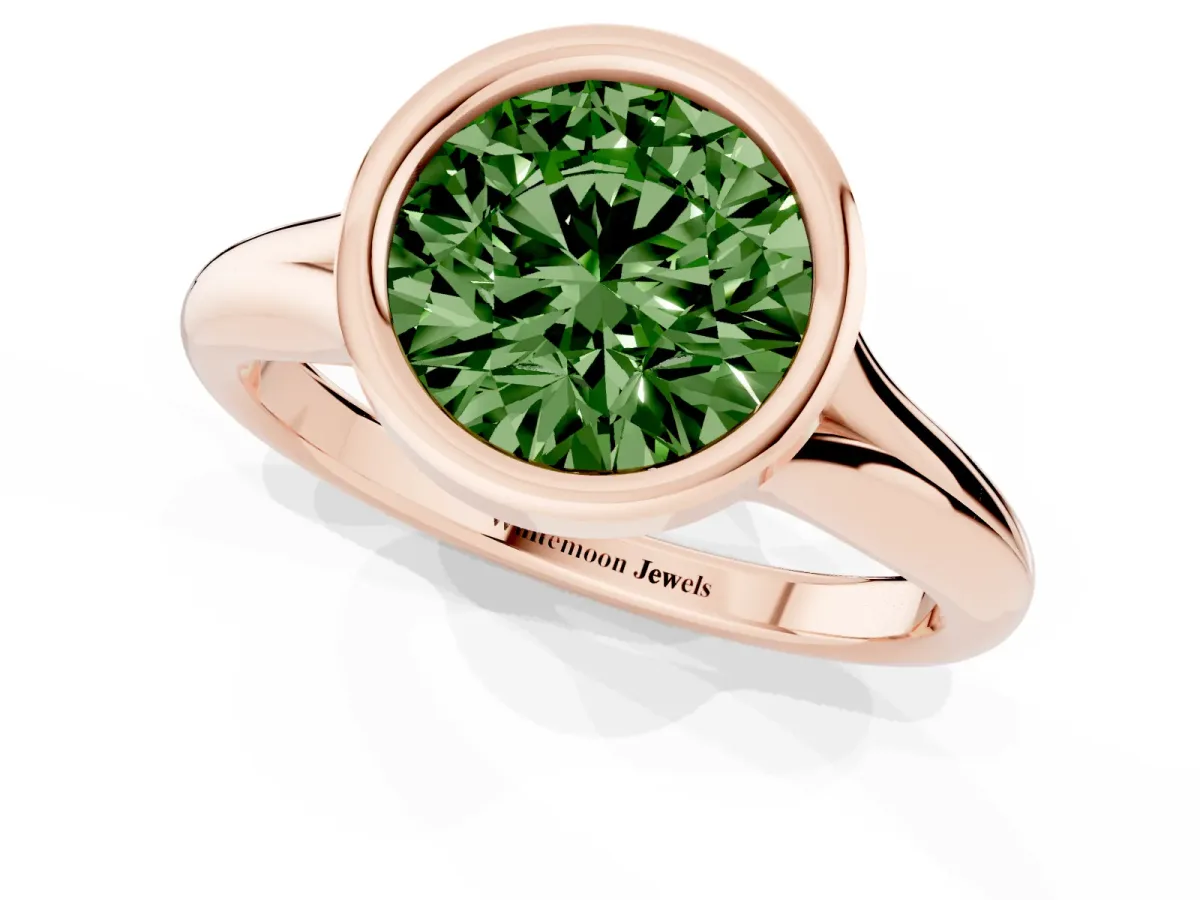 Fancy Green Bezel Set Round Cut Solitaire Diamond Ring with Smooth Band Rose gold