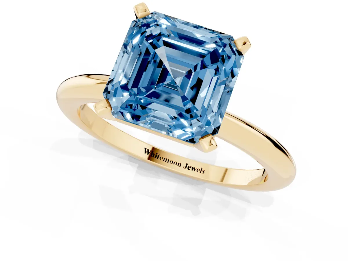 Fancy Blue Asscher Cut Diamond Solitaire Ring with Prong Setting and Classic Band Yellow gold