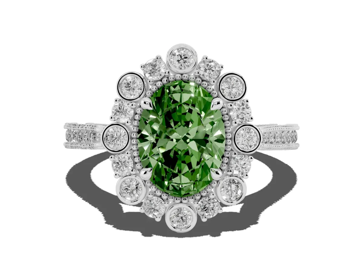 Fancy Green Oval Cut Halo Milgrain Pave Diamond Ring with Four-Prong Setting Silver