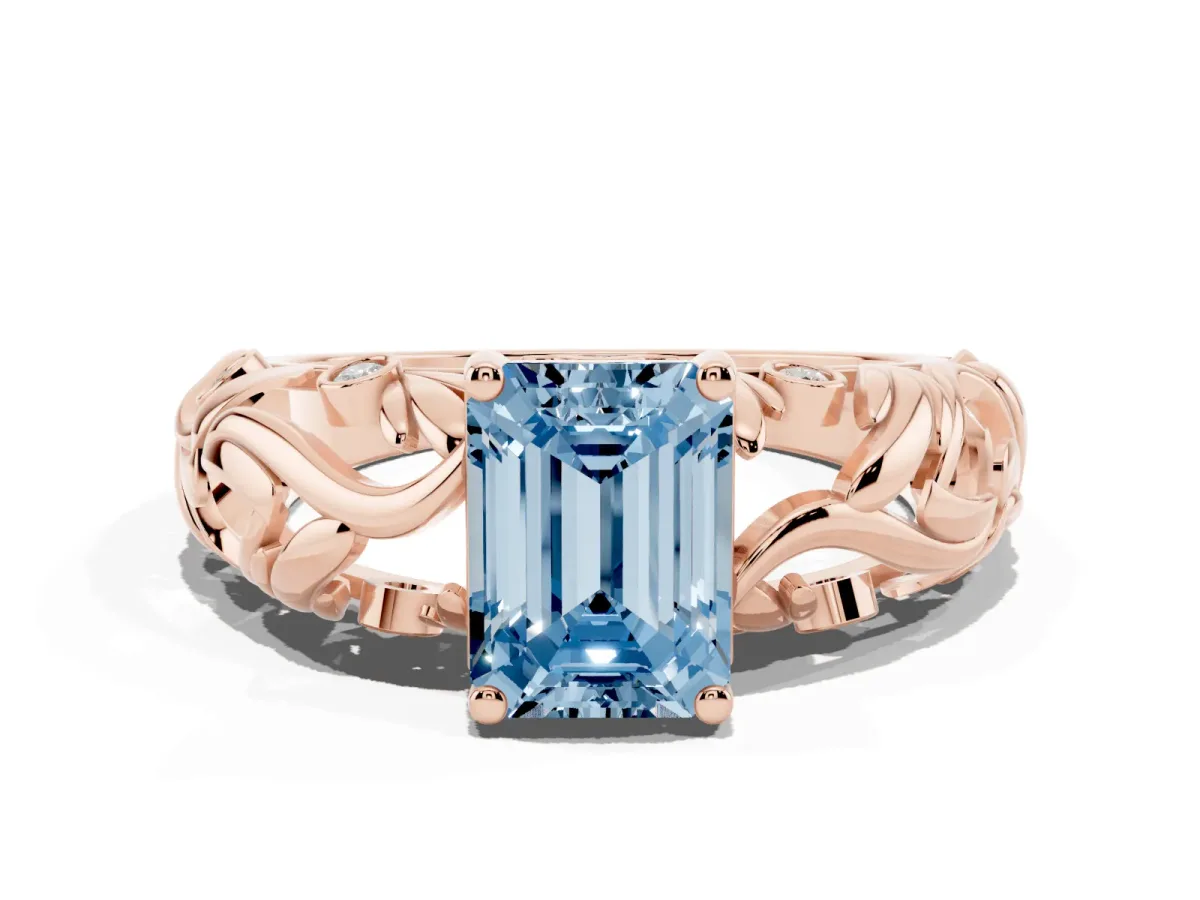 Fancy Blue Emerald Cut Solitaire Diamond Leaf-Inspired Vine Band Ring with Prong Setting Rose gold