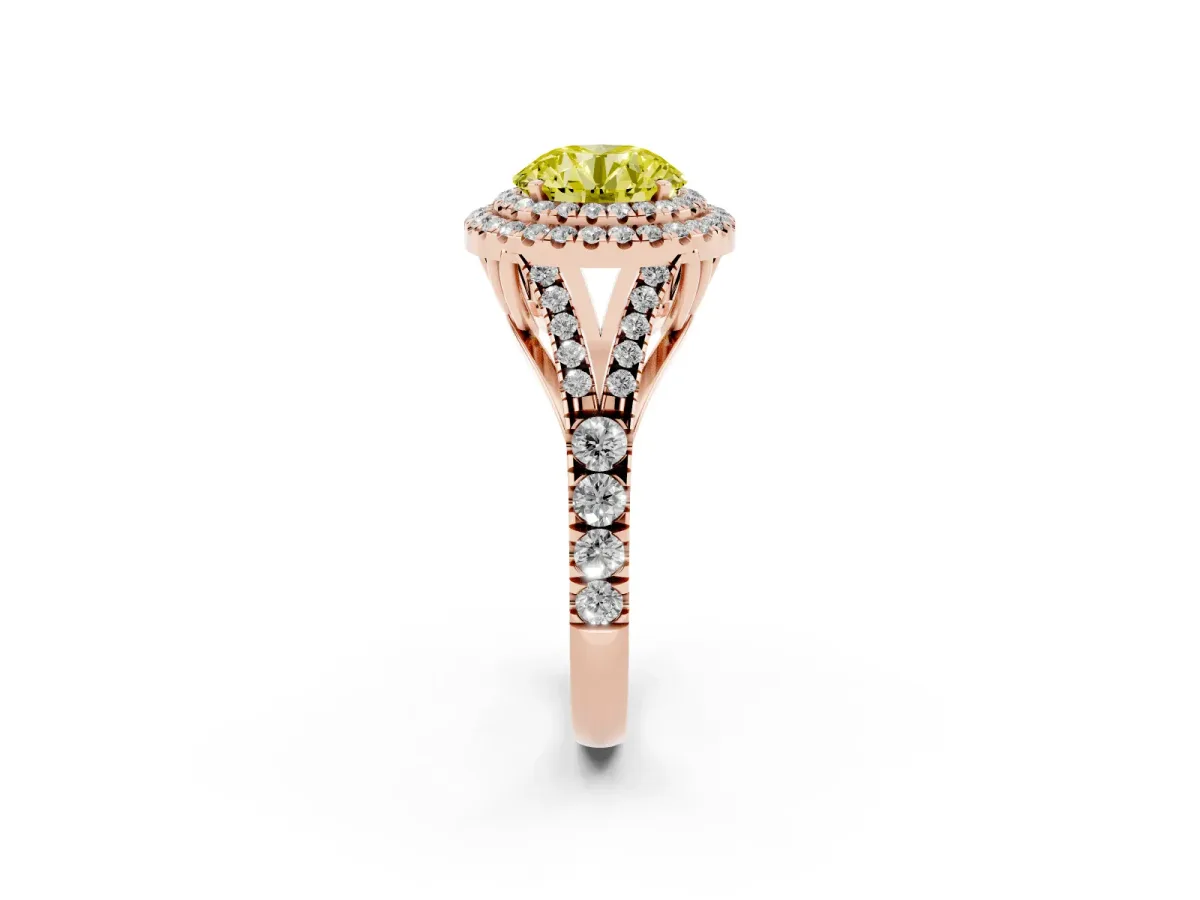 Fancy Yellow Round Cut Cut Double Halo Split Shank Diamond Ring with Prong Setting Rose gold