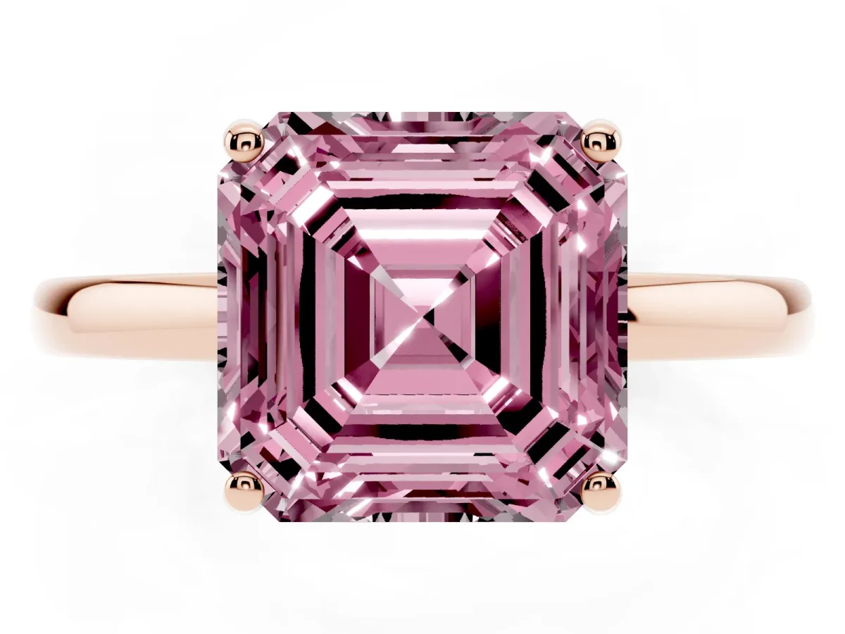Fancy Pink Asscher Cut Solitaire Diamond Ring with Prong Setting and Plain Band Rose gold