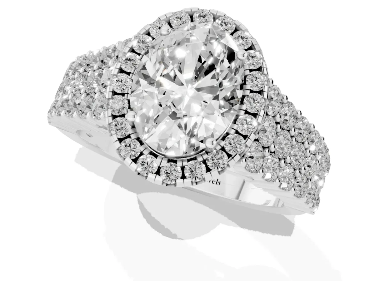 Oval Cut Diamond Halo Engagement Ring with Triple Row Round Pavé Band and Prong Setting Platinum