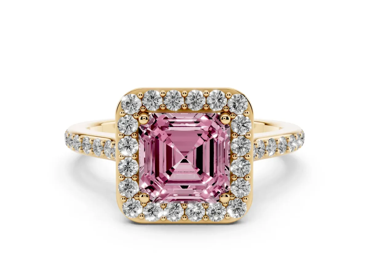 Fancy Pink Asscher Cut Diamond Halo Engagement Ring with Round Pavé Shoulders and Prong Setting Yellow gold