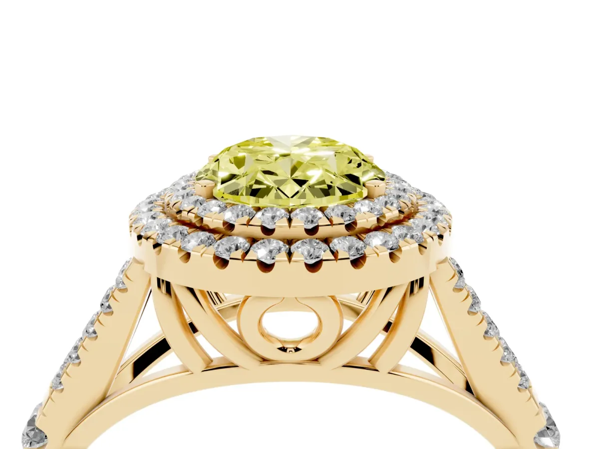 Fancy Yellow Double Halo Oval Cut Diamond Split Shank Engagement Ring with Four-Prong Setting Yellow gold