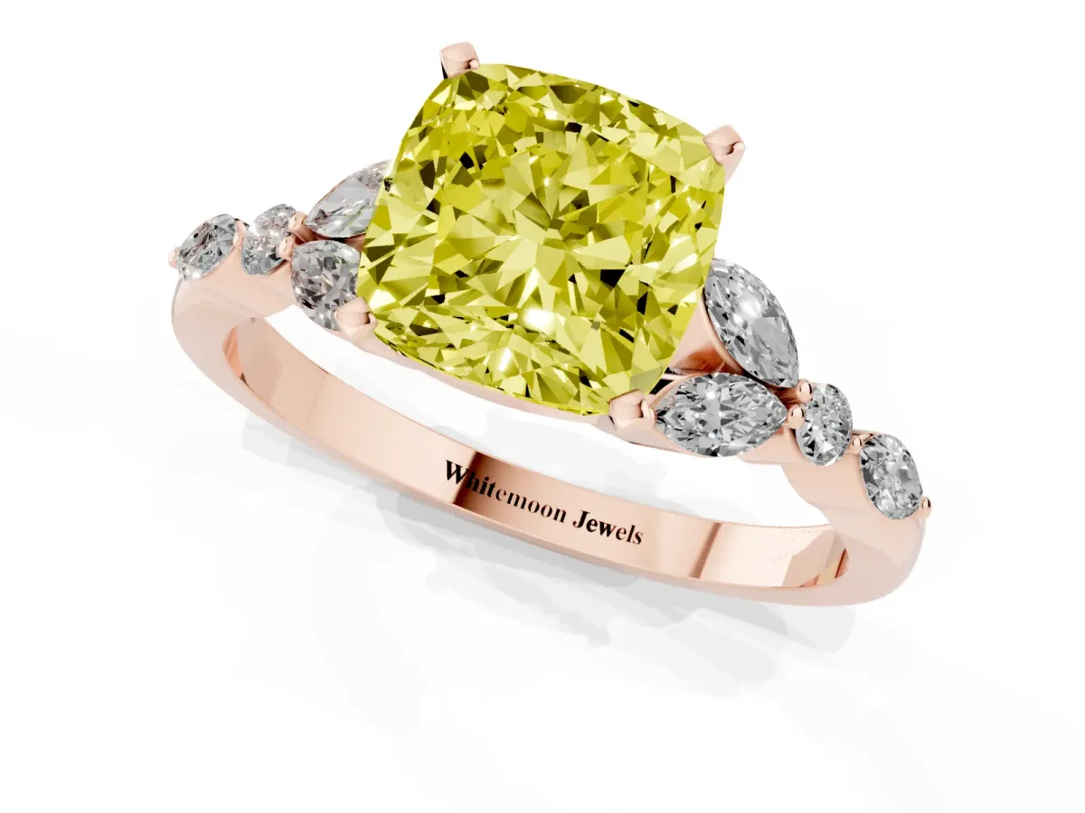 Fancy Yellow Cushion Cut Diamond Solitaire Ring with Side Stones and Four-Prong Setting Rose gold