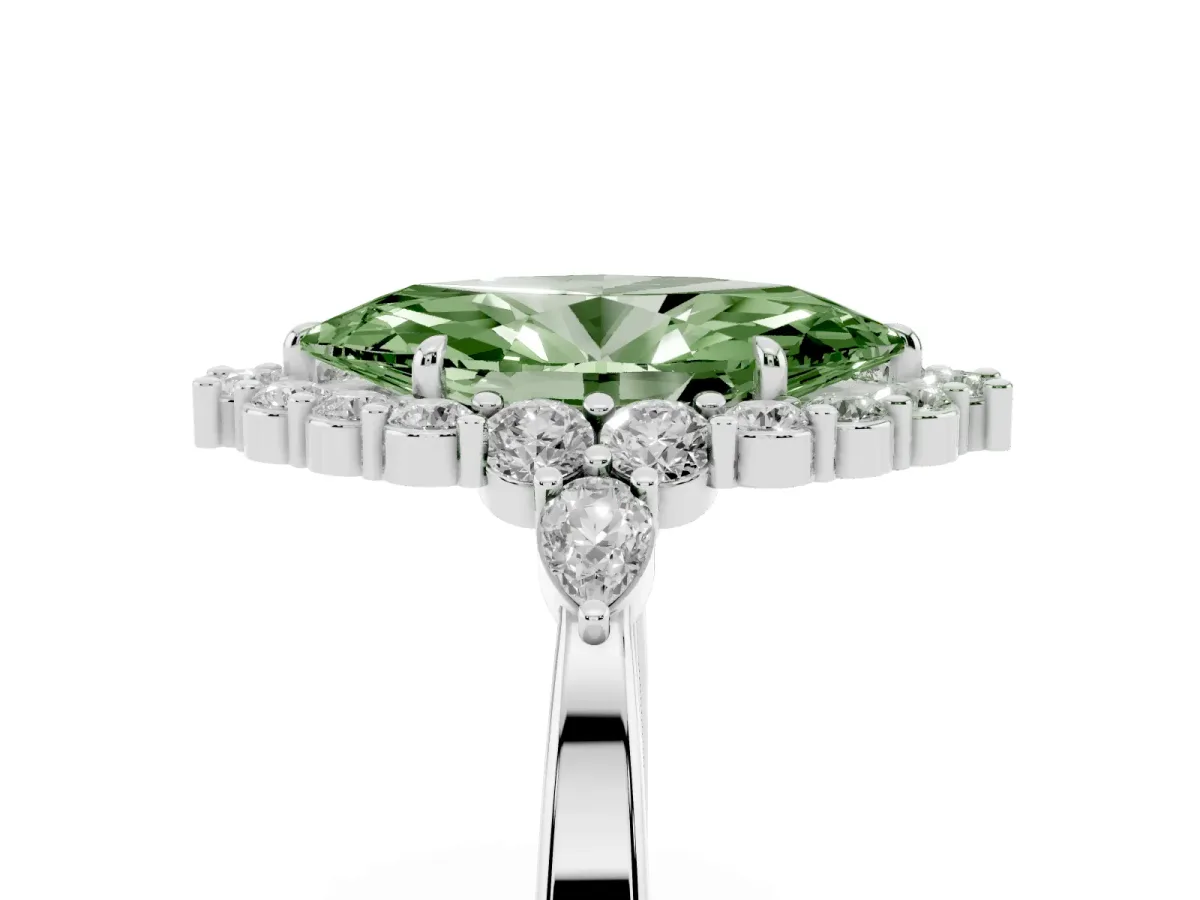 Fancy Green Marquise Cut Diamond Halo Ring with Pear Side Stones and Prong Setting Silver