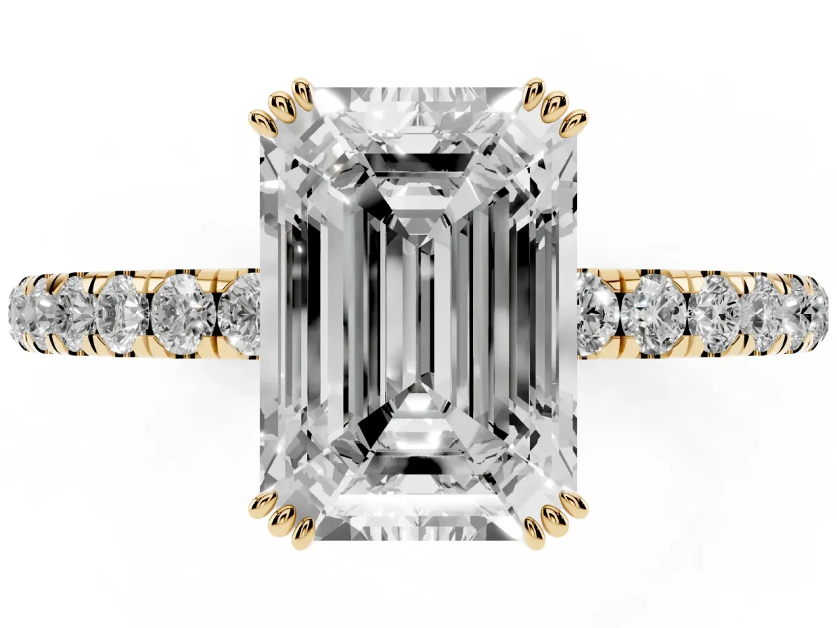 Emerald Cut Brilliant Solitaire with Pavé Band and Claw Prong Setting Yellow gold