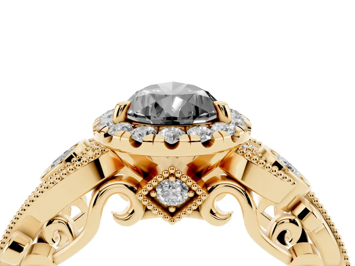 Fancy Black Pear Cut Halo Diamond Ring with Milgrain and Bezel Accents on a Split Shank Band Yellow gold