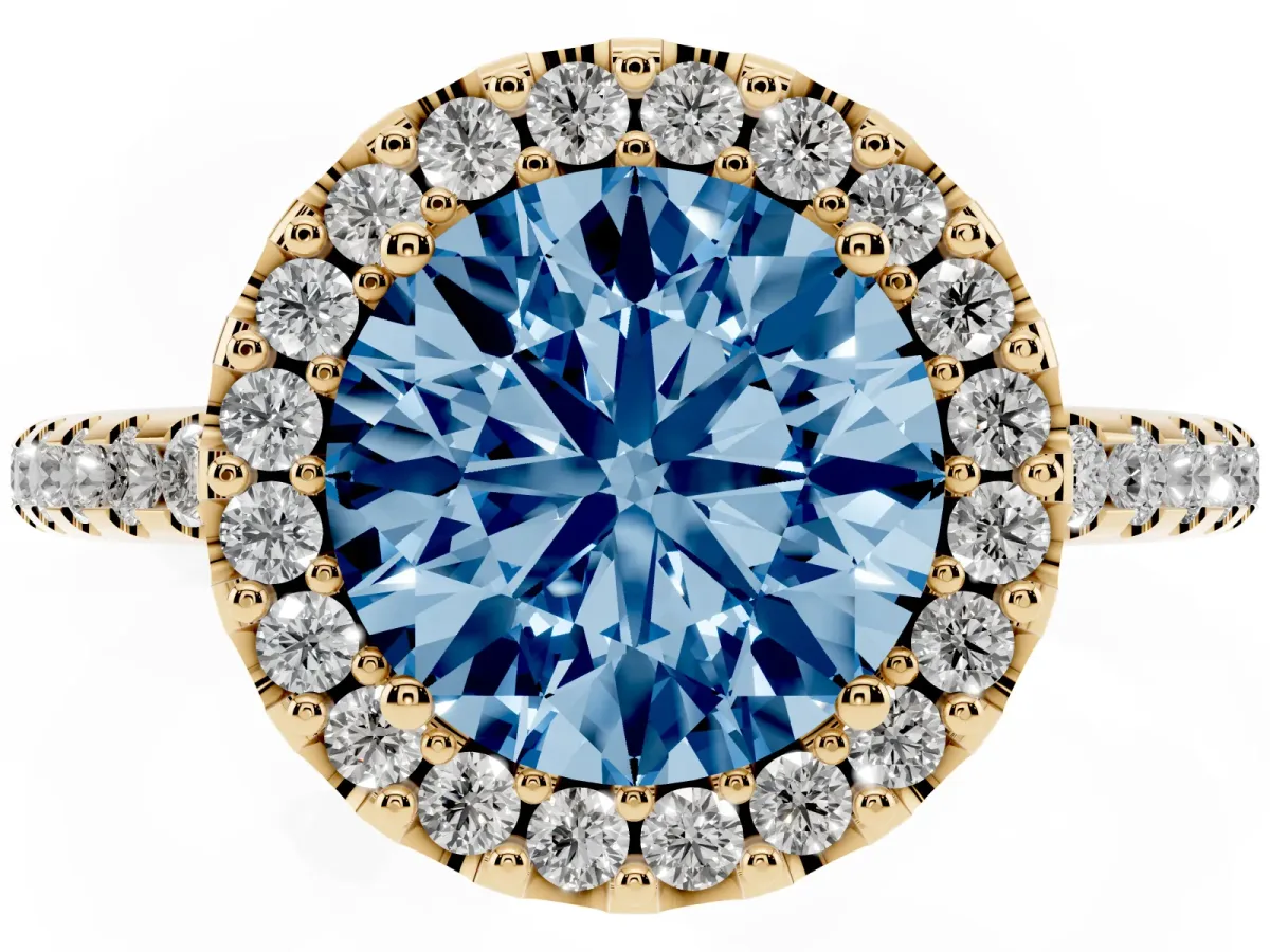 Fancy Blue Round Cut Diamond Pavé Halo Ring with Four-Prong Setting Yellow gold