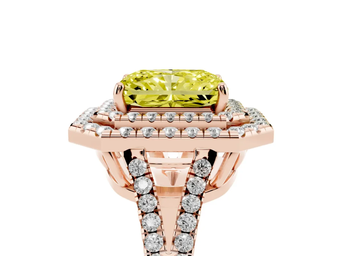 Fancy Yellow Radiant Cut Diamond Double Halo Ring with Pavé Band and Prong Setting Rose gold