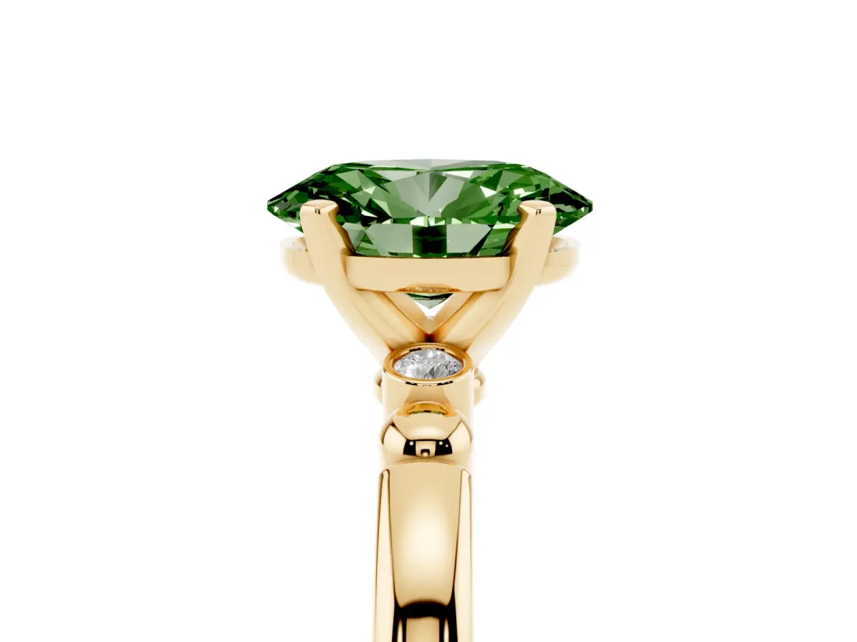 Fancy Green Oval Cut Solitaire Beaded Band with Four-Prong Setting Yellow gold