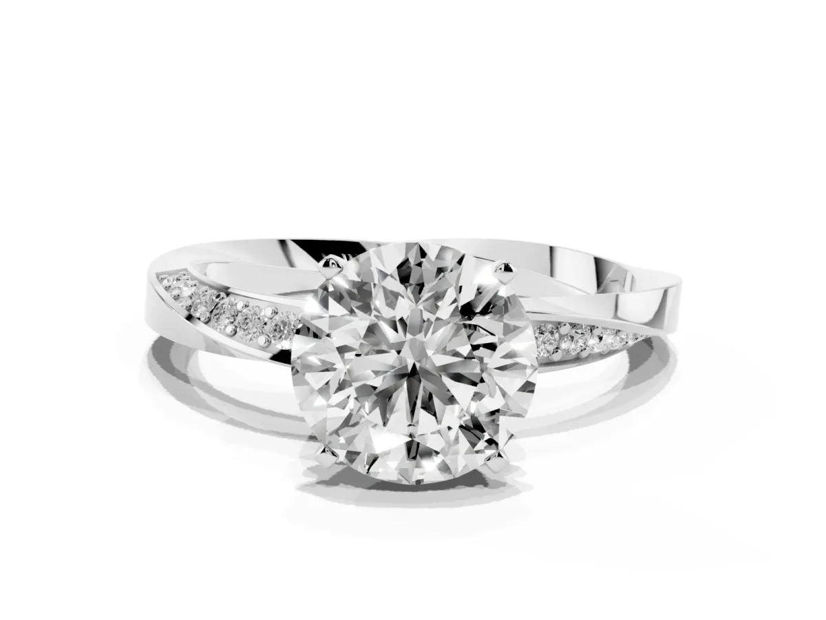 Round Cut Diamond Engagement Ring with Side Stone Accents and Four-Prong Setting Silver